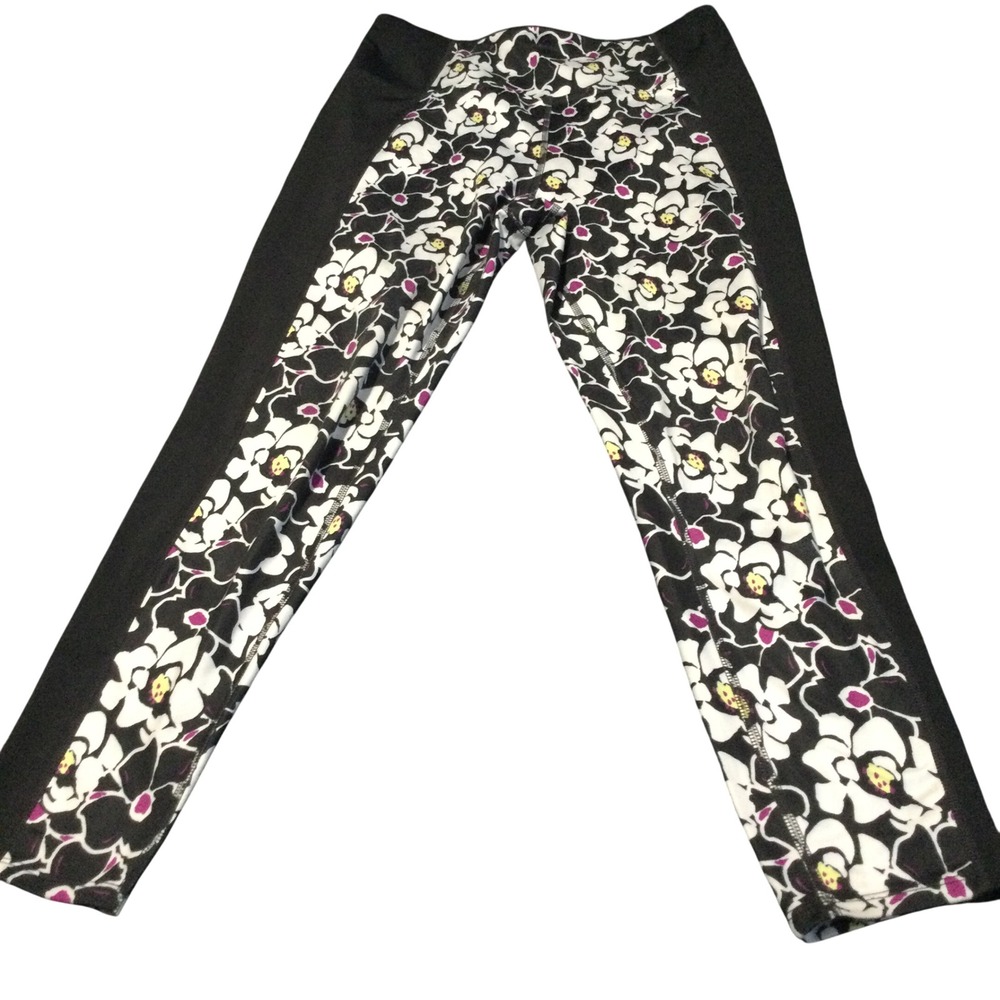Women Floral Print Athletic Leggings Black White Purple Yoga Pants Large